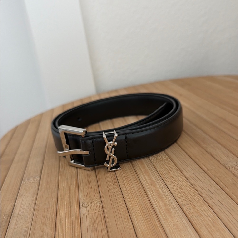 Saint Laurent Black Leather Belt with Silver YSL Charm